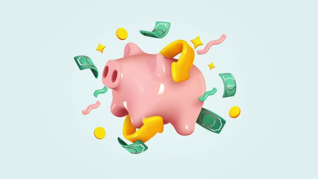 Piggy bank with Money creative business concept. Realistic 3d design. Pink pig keeps gold coins. Keep and accumulate cash savings. Safe finance investment. Financial services. Levitation effect