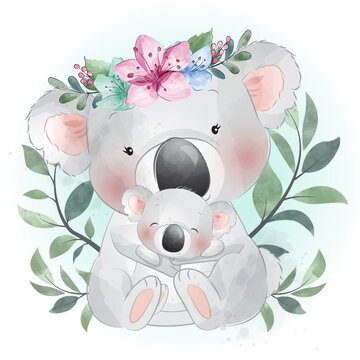 Cute koala bear mother and baby illustration