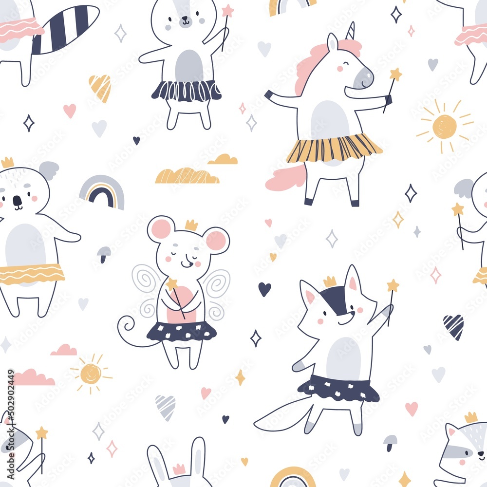 Poster cute scandinavian animals pattern. seamless background with fairy baby characters. repeating print w
