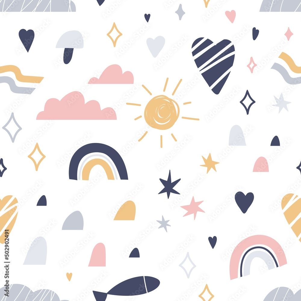 Poster scandinavian pattern with cute elements. seamless scandi background with sun, rainbow, clouds, heart