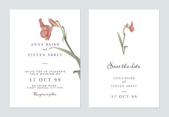 Minimalist floral wedding invitation card template design, Amaryllis
 flowers and leaves on white