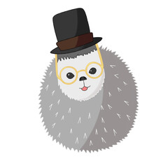 cheerful hedgehog in a hat and glasses. color illustration