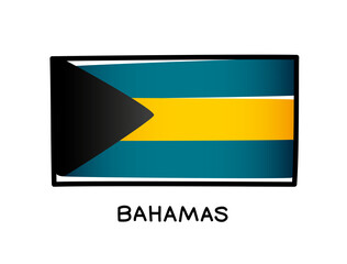 Flag of the Bahamas. Colorful logo of the Bahamas flag. Black, blue-green and yellow hand-drawn brush strokes. Black outline. Vector illustration