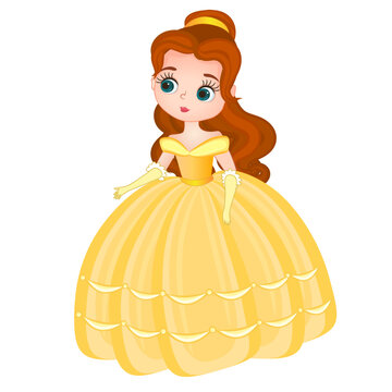 Little princess in crown wearing in magnificent dress color and outlined isolated on a white background. vector illustration