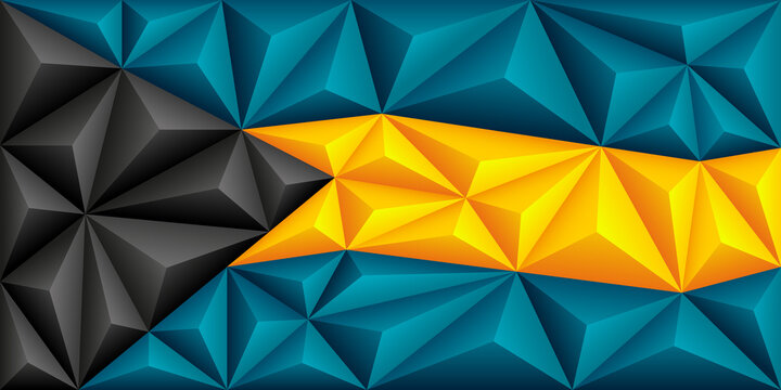 Abstract polygonal background in the form of colorful black, blue-green and yellow stripes of the Bahamas flag. Polygonal Bahamas flag.
