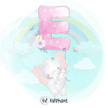 Cute elephant with alphabet E balloon illustration