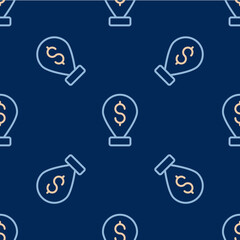 Line Cash location pin icon isolated seamless pattern on blue background. Pointer and dollar symbol. Money location. Business and investment concept. Vector