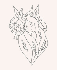 Illustration in a minimalistic linear style with a beautiful female portrait in flowers. For hairdressers, beauty salons, organic cosmetics, SPA, printing, jewelry store.