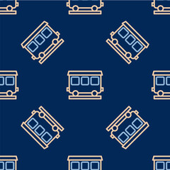 Line Passenger train cars icon isolated seamless pattern on blue background. Railway carriage. Vector