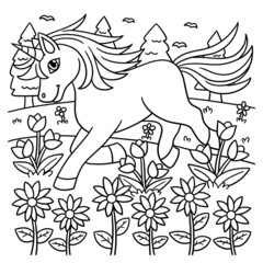Unicorn Playing On The Flower Field Coloring Page