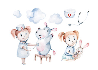 Cute cartoon animal zebra, hippo, giraffe doctor. pediatrics kids boy and girl. pills, ambulance, mask, bacteria, viruses, coronavirus. Watercolor hand drawn boy and girl doctor set