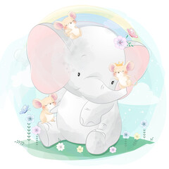 Cute elephant playing with mouse illustration