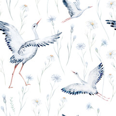 Obraz premium Watercolor wildflowers seamless pattern with poppy, cornflower chamomile, rye and wheat spikelets background