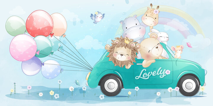 Cute Animals Driving A Car Illustration