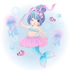 Cute mermaid with ballerina illustration - obrazy, fototapety, plakaty