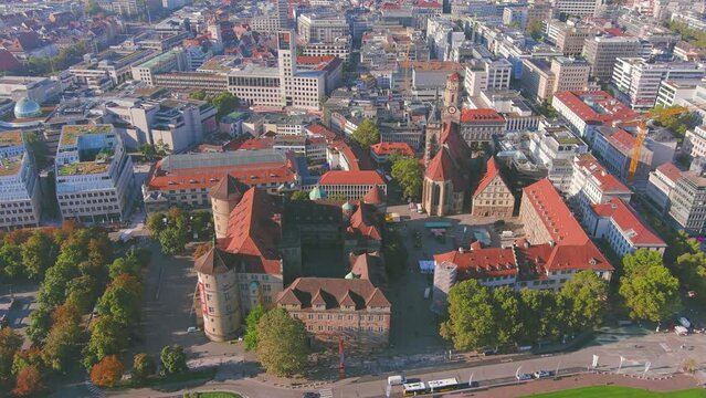 Stuttgart: Aerial view of city in Germany and capital of German state of Baden-W&uuml;rttemberg, sunny day with clear blue sky - landscape panorama of Europe from above