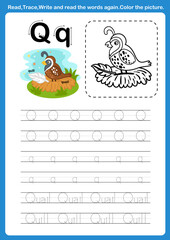 Fototapeta premium Alphabet Letter Q with cartoon vocabulary for coloring book illustration, vector
