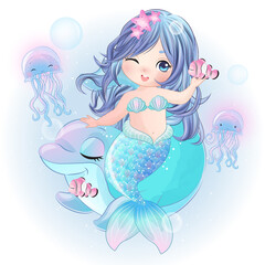 Obraz na płótnie Canvas Cute mermaid with dolphin illustration