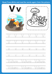 Alphabet Letter V with cartoon vocabulary for coloring book illustration, vector