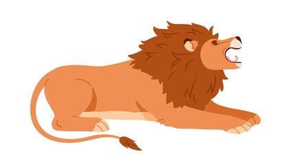 African lion lying and roaring. Wild male feline with shaggy mane, side view. Angry aggressive jungle animal, carnivore profile. Flat vector illustration isolated on white background