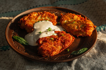 Fried potato pancakes on a clay brown plate, sour cream, green onions. food, potato pancakes, dish