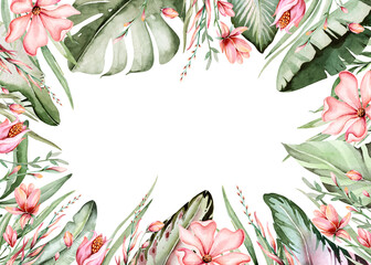 Tropical watercolor birds hummingbird, monkey and jaguar, exotic jungle plants palm banana leaves flowers, flamingo baby shower wedding invitation background © kris_art