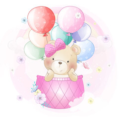 Obraz na płótnie Canvas Cute bear flying with air balloon illustration