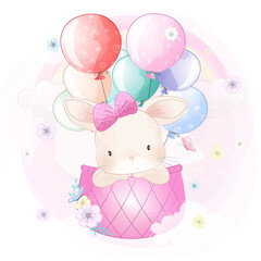 Cute rabbit flying with air balloon illustration