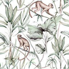 Tropical watercolor birds hummingbird, monkey and jaguar, exotic jungle plants palm banana leaves flowers, flamingo pastel color seamless pattern fabric background © kris_art