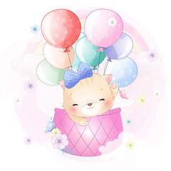 Obraz na płótnie Canvas Cute kitty flying with air balloon illustration