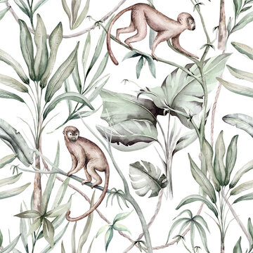 Tropical watercolor birds hummingbird, monkey and jaguar, exotic jungle plants palm banana leaves flowers, flamingo pastel color seamless pattern fabric background