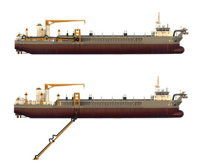 Hopper dredger. Two images with a folded and unfolded a suction pipe. Isolated on white. 3d-rendering