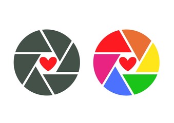 Heart Shutter Logo or Icon Camera Love. Camera photo lens with shutter, vector icon.