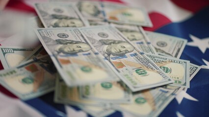 dollar money and American flag. bankrupt man counting money cash. business crisis finance dollar concept. close-up usd of a hand counting paper dollars. exchange finance economy dollar pay tax