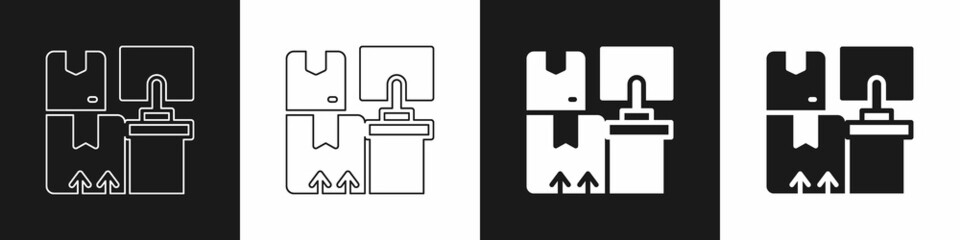 Set Warehouse interior with boxes on racks icon isolated on black and white background. Logistics, cargo, parcel storage postal service. Vector