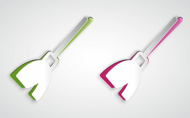 Paper cut Handle broom icon isolated on grey background. Cleaning service concept. Paper art style. Vector