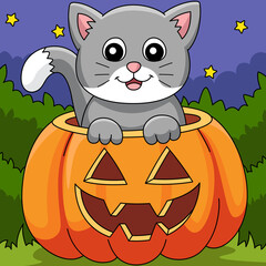 Pumpkin Cat Halloween Colored Cartoon Illustration