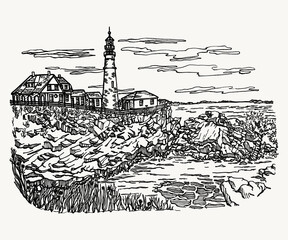 Lighthouse on the coast drawn by hand with pen and ink.