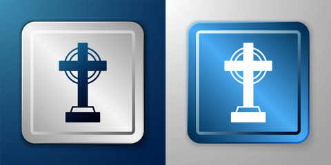 White Tombstone with cross icon isolated on blue and grey background. Grave icon. Happy Halloween party. Silver and blue square button. Vector