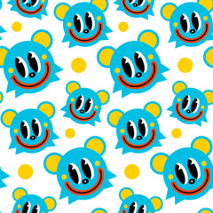 A pattern with a blue crazy bear, a face with a smile. Abstract funny cute comic character. Color vector fashion illustration of a face isolated on a black background. Cartoon style, flat design.