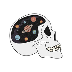 Human skull with space inside. Planets, stars. Flat vector illustration. Vector print for t-shirt graphics and other uses.