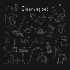 Hand-drawn set with elements of cleaning products. Vacuum cleaner, mops, gloves, rags and more in the doodle style.