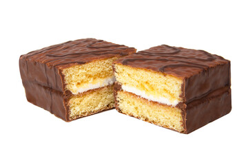 Biscuit cake with cream filling glazed chocolate isolated on the white