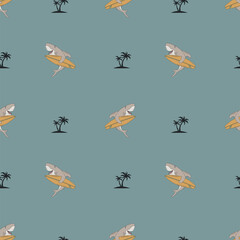 Seamless pattern with shark, surf boards and waves in doodle style. The concept of surfing. Hand-drawn.