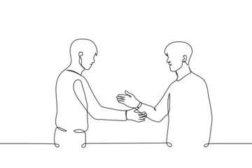 men met and greet clapping hands - one line drawing vector. concept of meeting a friend, negotiate, make a deal, say hello, high five