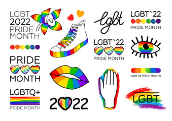 Fototapeta na wymiar Set of LGBT Pride Month 2022 LGBT flag brush stroke logos symbols and stickers