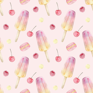 Watercolor seamless pattern with ice cream, cherry, macaron, raspberry. Hand drawn clipart. Perfect for card, fabric, tags, invitation, printing, wrapping.