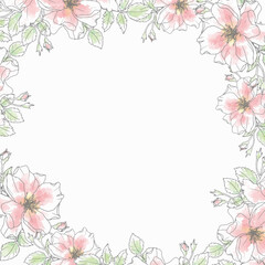 doodle line art rose flower bouquet wreath frame square background