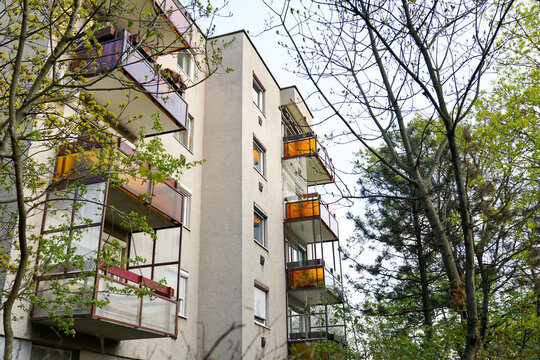 High-rise residential building with trees. social houses