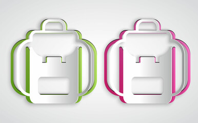 Paper cut Hiking backpack icon isolated on grey background. Camping and mountain exploring backpack. Paper art style. Vector